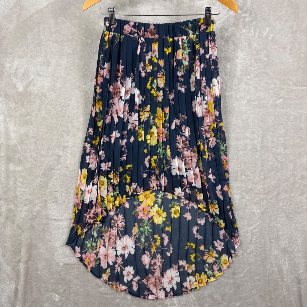 Xhilaration Skirt Size S Navy Blue Floral Pleated High Low Elastic Waist Boho